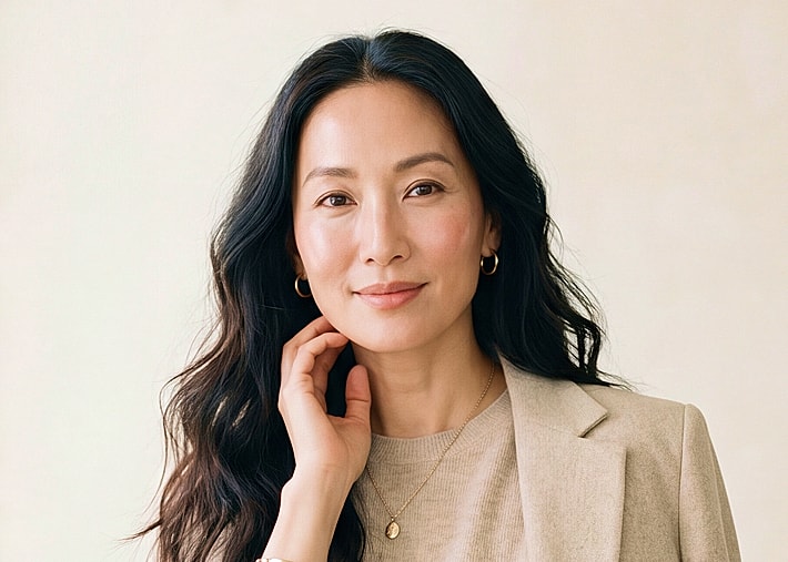 Woman with long hair in professional attire.